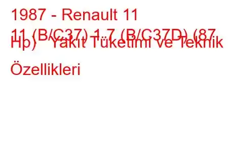 1987 - Renault 11
11 (B/C37) 1.7 (B/C37D) (87 Hp) Yakıt Tüketimi ve Teknik Özellikleri