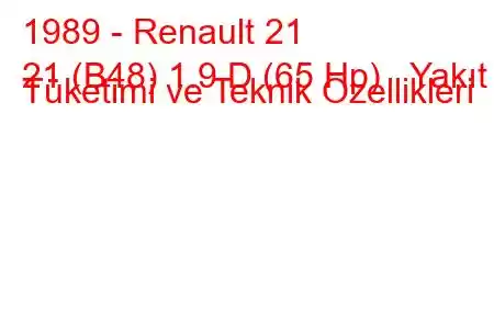 1989 - Renault 21
21 (B48) 1.9 D (65 Hp) Yakıt Tüketimi ve Teknik Özellikleri