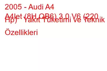 2005 - Audi A4
A4let (8H,QB6) 3.0 V6 (220 Hp) Yakıt Tüketimi ve Teknik Özellikleri