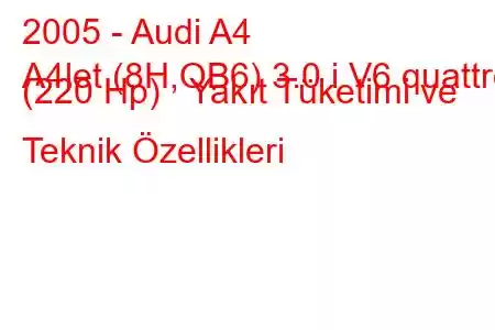 2005 - Audi A4
A4let (8H,QB6) 3.0 i V6 quattro (220 Hp) Yakıt Tüketimi ve Teknik Özellikleri