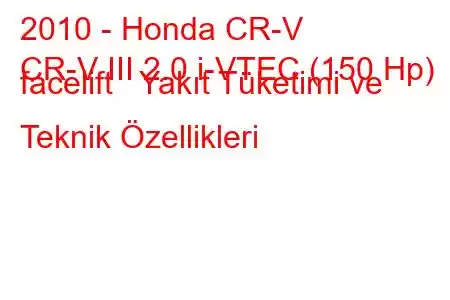 2010 - Honda CR-V
CR-V III 2.0 i-VTEC (150 Hp) facelift Yakıt Tüketimi ve Teknik Özellikleri