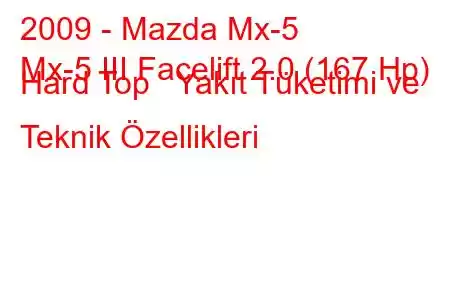 2009 - Mazda Mx-5
Mx-5 III Facelift 2.0 (167 Hp) Hard Top Yakıt Tüketimi ve Teknik Özellikleri