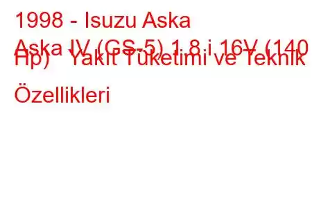 1998 - Isuzu Aska
Aska IV (GS-5) 1.8 i 16V (140 Hp) Yakıt Tüketimi ve Teknik Özellikleri