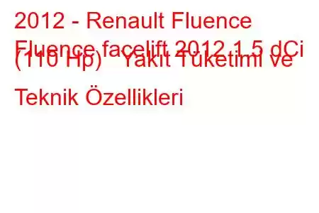 2012 - Renault Fluence
Fluence facelift 2012 1.5 dCi (110 Hp) Yakıt Tüketimi ve Teknik Özellikleri