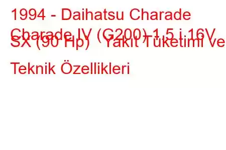 1994 - Daihatsu Charade
Charade IV (G200) 1.5 i 16V SX (90 Hp) Yakıt Tüketimi ve Teknik Özellikleri