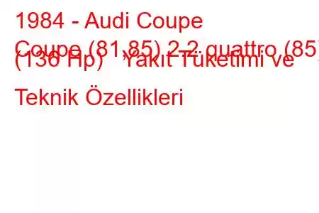 1984 - Audi Coupe
Coupe (81,85) 2.2 quattro (85) (136 Hp) Yakıt Tüketimi ve Teknik Özellikleri