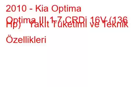 2010 - Kia Optima
Optima III 1.7 CRDi 16V (136 Hp) Yakıt Tüketimi ve Teknik Özellikleri