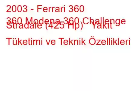 2003 - Ferrari 360
360 Modena 360 Challenge Stradale (425 Hp) Yakıt Tüketimi ve Teknik Özellikleri