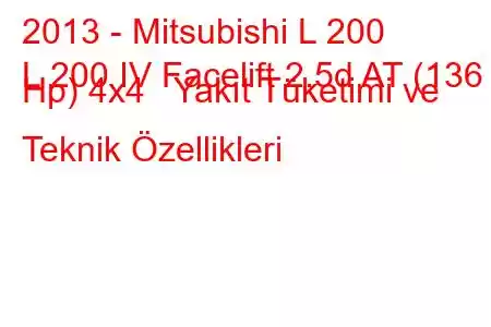 2013 - Mitsubishi L 200
L 200 IV Facelift 2.5d AT (136 Hp) 4x4 Yakıt Tüketimi ve Teknik Özellikleri