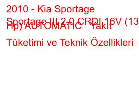 2010 - Kia Sportage
Sportage III 2.0 CRDI 16V (136 Hp) AUTOMATIC Yakıt Tüketimi ve Teknik Özellikleri