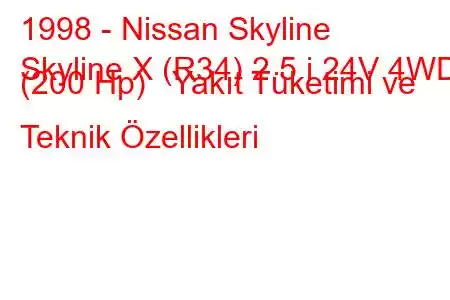 1998 - Nissan Skyline
Skyline X (R34) 2.5 i 24V 4WD (200 Hp) Yakıt Tüketimi ve Teknik Özellikleri