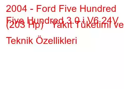 2004 - Ford Five Hundred
Five Hundred 3.0 i V6 24V (203 Hp) Yakıt Tüketimi ve Teknik Özellikleri