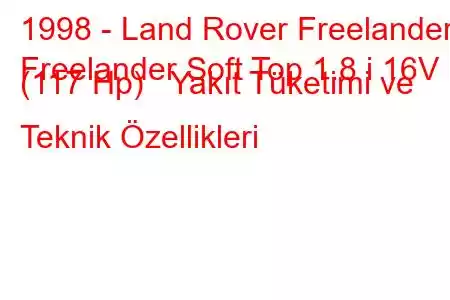 1998 - Land Rover Freelander
Freelander Soft Top 1.8 i 16V (117 Hp) Yakıt Tüketimi ve Teknik Özellikleri