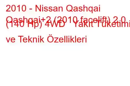 2010 - Nissan Qashqai
Qashqai+2 (2010 facelift) 2.0 (140 Hp) 4WD Yakıt Tüketimi ve Teknik Özellikleri