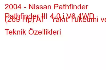 2004 - Nissan Pathfinder
Pathfinder III 4.0 i V6 4WD (269 Hp) AT Yakıt Tüketimi ve Teknik Özellikleri