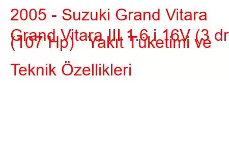 2005 - Suzuki Grand Vitara
Grand Vitara III 1.6 i 16V (3 dr) (107 Hp) Yakıt Tüketimi ve Teknik Özellikleri