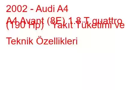 2002 - Audi A4
A4 Avant (8E) 1.8 T quattro (190 Hp) Yakıt Tüketimi ve Teknik Özellikleri