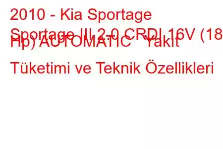 2010 - Kia Sportage
Sportage III 2.0 CRDI 16V (184 Hp) AUTOMATIC Yakıt Tüketimi ve Teknik Özellikleri