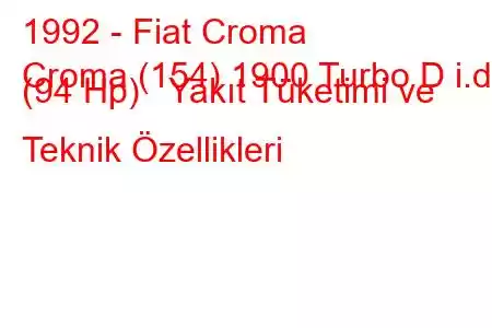 1992 - Fiat Croma
Croma (154) 1900 Turbo D i.d. (94 Hp) Yakıt Tüketimi ve Teknik Özellikleri