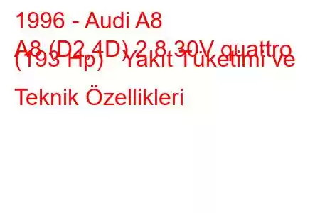 1996 - Audi A8
A8 (D2,4D) 2.8 30V quattro (193 Hp) Yakıt Tüketimi ve Teknik Özellikleri