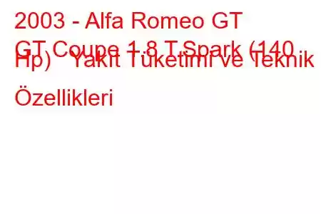 2003 - Alfa Romeo GT
GT Coupe 1.8 T.Spark (140 Hp) Yakıt Tüketimi ve Teknik Özellikleri