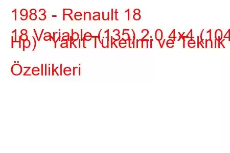 1983 - Renault 18
18 Variable (135) 2.0 4x4 (104 Hp) Yakıt Tüketimi ve Teknik Özellikleri