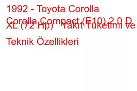 1992 - Toyota Corolla
Corolla Compact (E10) 2.0 D XL (72 Hp) Yakıt Tüketimi ve Teknik Özellikleri