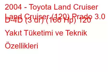 2004 - Toyota Land Cruiser
Land Cruiser (120) Prado 3.0 D-4D (3 dr) (166 Hp) 120 Yakıt Tüketimi ve Teknik Özellikleri