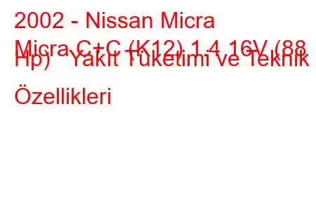 2002 - Nissan Micra
Micra C+C (K12) 1.4 16V (88 Hp) Yakıt Tüketimi ve Teknik Özellikleri