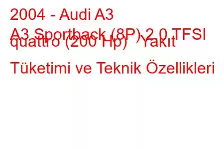 2004 - Audi A3
A3 Sportback (8P) 2.0 TFSI quattro (200 Hp) Yakıt Tüketimi ve Teknik Özellikleri