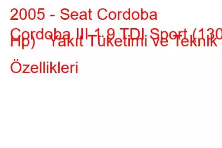 2005 - Seat Cordoba
Cordoba III 1.9 TDI Sport (130 Hp) Yakıt Tüketimi ve Teknik Özellikleri