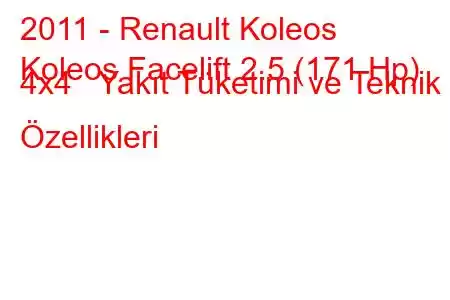 2011 - Renault Koleos
Koleos Facelift 2.5 (171 Hp) 4x4 Yakıt Tüketimi ve Teknik Özellikleri