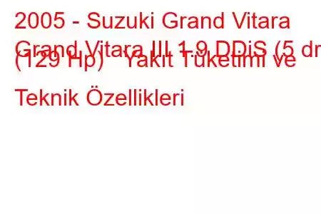 2005 - Suzuki Grand Vitara
Grand Vitara III 1.9 DDiS (5 dr) (129 Hp) Yakıt Tüketimi ve Teknik Özellikleri