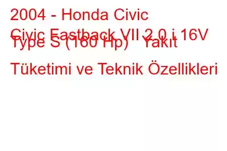 2004 - Honda Civic
Civic Fastback VII 2.0 i 16V Type S (160 Hp) Yakıt Tüketimi ve Teknik Özellikleri