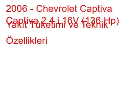 2006 - Chevrolet Captiva
Captiva 2.4 i 16V (136 Hp) Yakıt Tüketimi ve Teknik Özellikleri