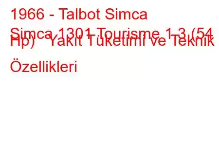 1966 - Talbot Simca
Simca 1301 Tourisme 1.3 (54 Hp) Yakıt Tüketimi ve Teknik Özellikleri