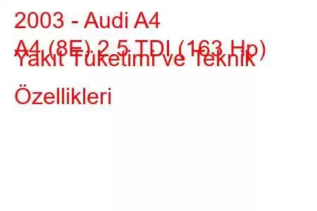 2003 - Audi A4
A4 (8E) 2.5 TDI (163 Hp) Yakıt Tüketimi ve Teknik Özellikleri