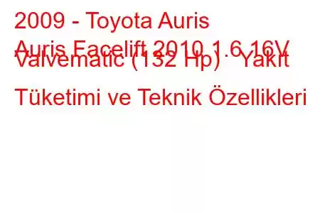 2009 - Toyota Auris
Auris Facelift 2010 1.6 16V Valvematic (132 Hp) Yakıt Tüketimi ve Teknik Özellikleri