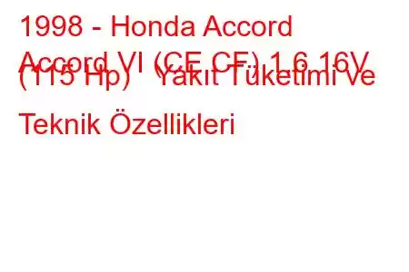 1998 - Honda Accord
Accord VI (CE,CF) 1.6 16V (115 Hp) Yakıt Tüketimi ve Teknik Özellikleri