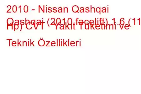 2010 - Nissan Qashqai
Qashqai (2010 facelift) 1.6 (117 Hp) CVT Yakıt Tüketimi ve Teknik Özellikleri