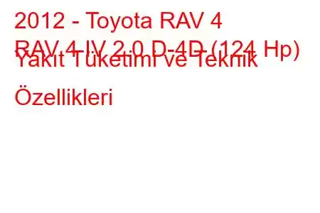 2012 - Toyota RAV 4
RAV 4 IV 2.0 D-4D (124 Hp) Yakıt Tüketimi ve Teknik Özellikleri