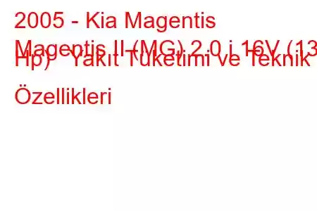 2005 - Kia Magentis
Magentis II (MG) 2.0 i 16V (136 Hp) Yakıt Tüketimi ve Teknik Özellikleri