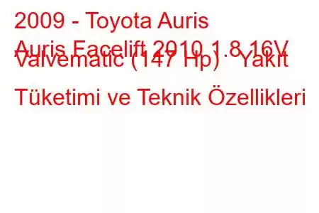 2009 - Toyota Auris
Auris Facelift 2010 1.8 16V Valvematic (147 Hp) Yakıt Tüketimi ve Teknik Özellikleri