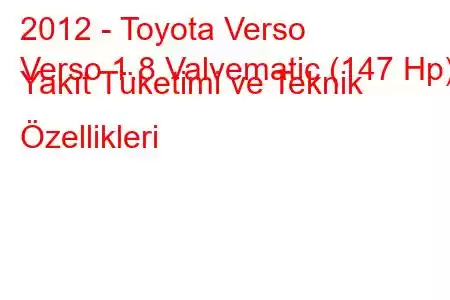 2012 - Toyota Verso
Verso 1.8 Valvematic (147 Hp) Yakıt Tüketimi ve Teknik Özellikleri