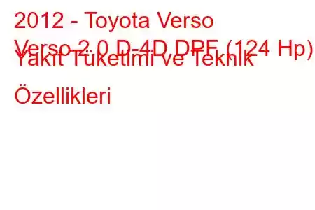 2012 - Toyota Verso
Verso 2.0 D-4D DPF (124 Hp) Yakıt Tüketimi ve Teknik Özellikleri