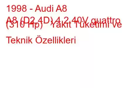 1998 - Audi A8
A8 (D2,4D) 4.2 40V quattro (310 Hp) Yakıt Tüketimi ve Teknik Özellikleri