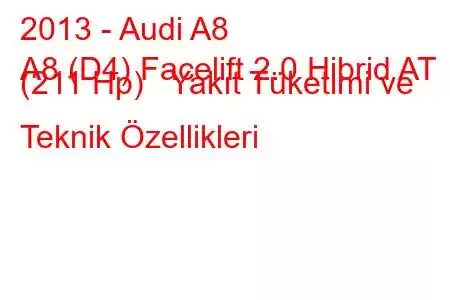 2013 - Audi A8
A8 (D4) Facelift 2.0 Hibrid AT (211 Hp) Yakıt Tüketimi ve Teknik Özellikleri