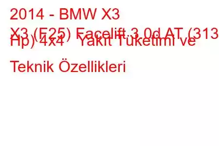 2014 - BMW X3
X3 (F25) Facelift 3.0d AT (313 Hp) 4x4 Yakıt Tüketimi ve Teknik Özellikleri