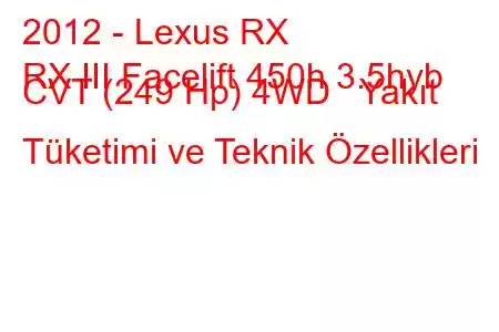 2012 - Lexus RX
RX III Facelift 450h 3.5hyb CVT (249 Hp) 4WD Yakıt Tüketimi ve Teknik Özellikleri