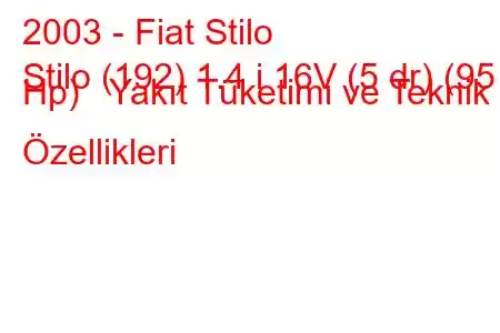 2003 - Fiat Stilo
Stilo (192) 1.4 i 16V (5 dr) (95 Hp) Yakıt Tüketimi ve Teknik Özellikleri